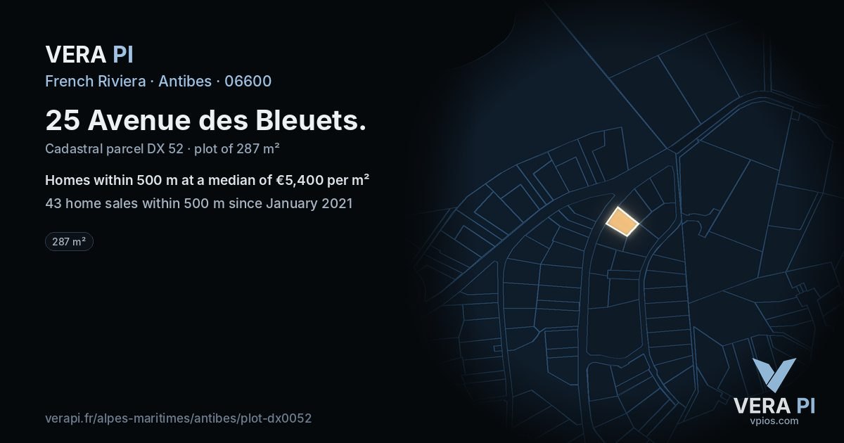 25 Avenue des Bleuets, Antibes at night – the plot lit, the parcels around coloured by the prices near them