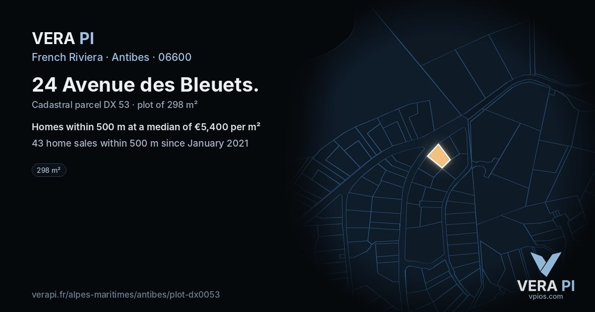 24 Avenue des Bleuets, Antibes at night – the plot lit, the parcels around coloured by the prices near them