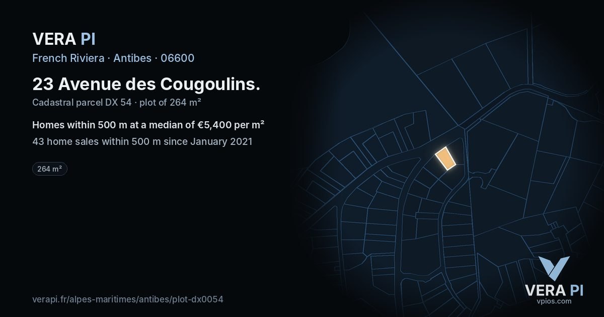 23 Avenue des Cougoulins, Antibes at night – the plot lit, the parcels around coloured by the prices near them