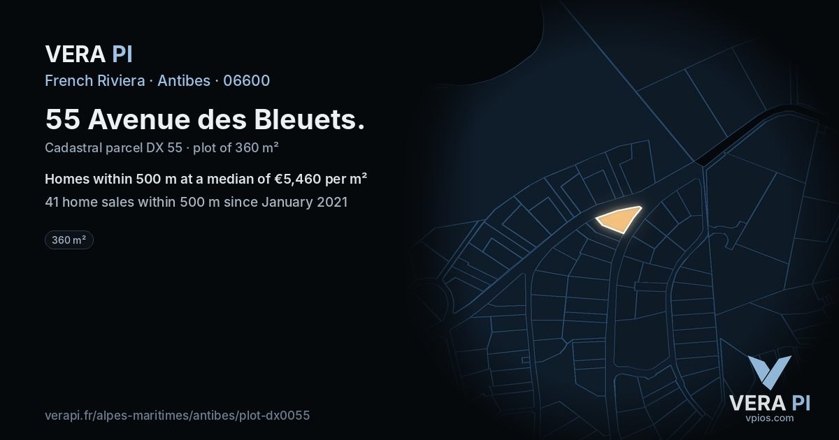 55 Avenue des Bleuets, Antibes at night – the plot lit, the parcels around coloured by the prices near them