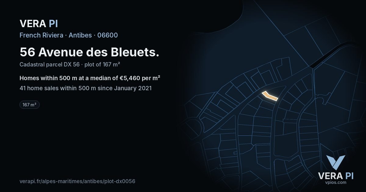 56 Avenue des Bleuets, Antibes at night – the plot lit, the parcels around coloured by the prices near them