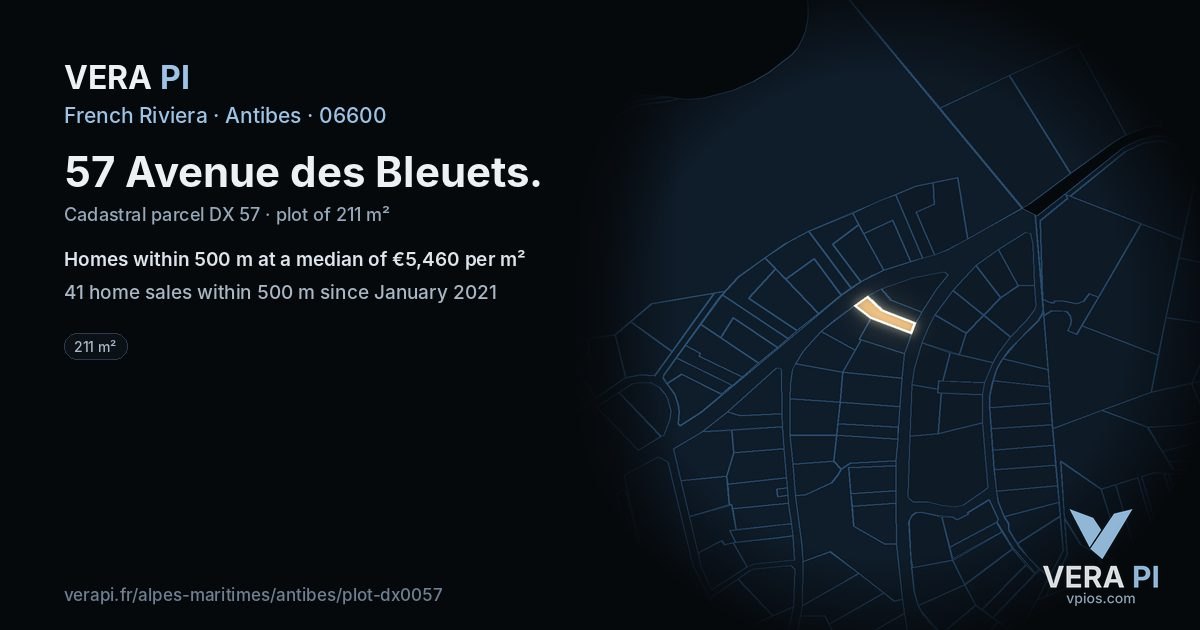 57 Avenue des Bleuets, Antibes at night – the plot lit, the parcels around coloured by the prices near them