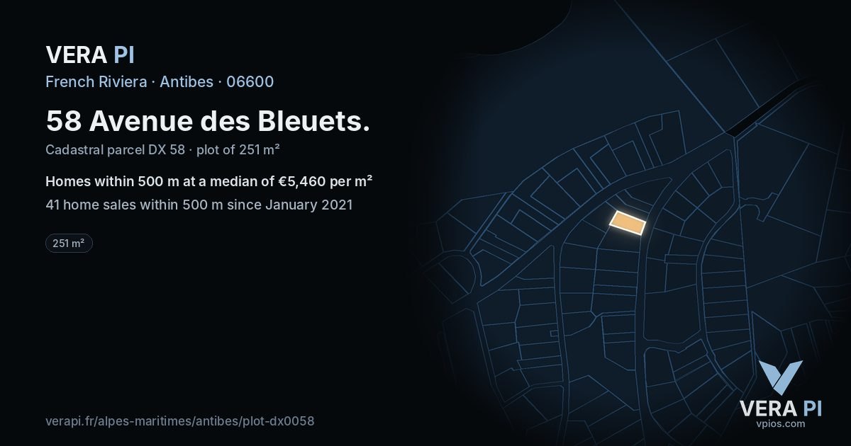 58 Avenue des Bleuets, Antibes at night – the plot lit, the parcels around coloured by the prices near them