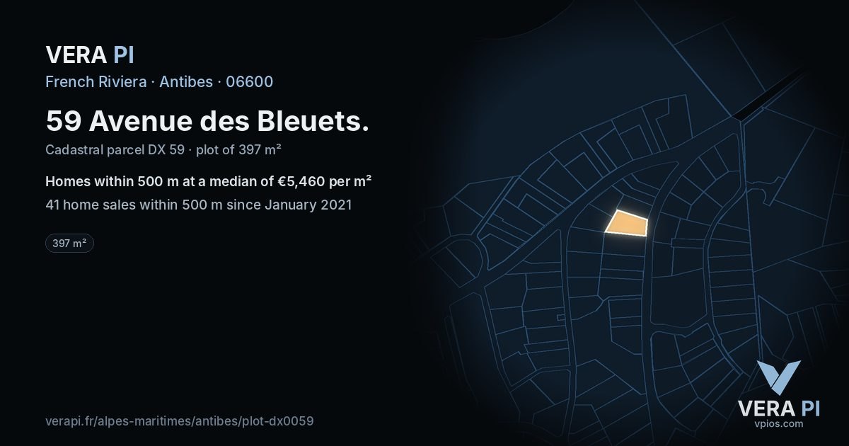 59 Avenue des Bleuets, Antibes at night – the plot lit, the parcels around coloured by the prices near them