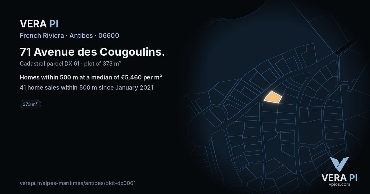 71 Avenue des Cougoulins, Antibes at night – the plot lit, the parcels around coloured by the prices near them