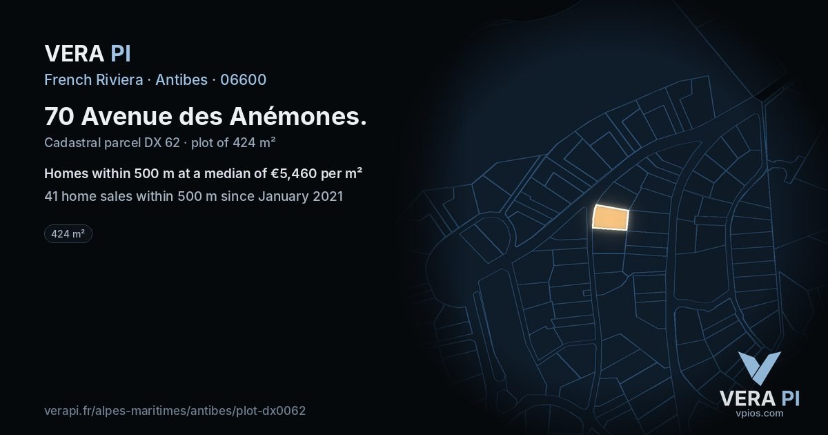 70 Avenue des Anémones, Antibes at night – the plot lit, the parcels around coloured by the prices near them