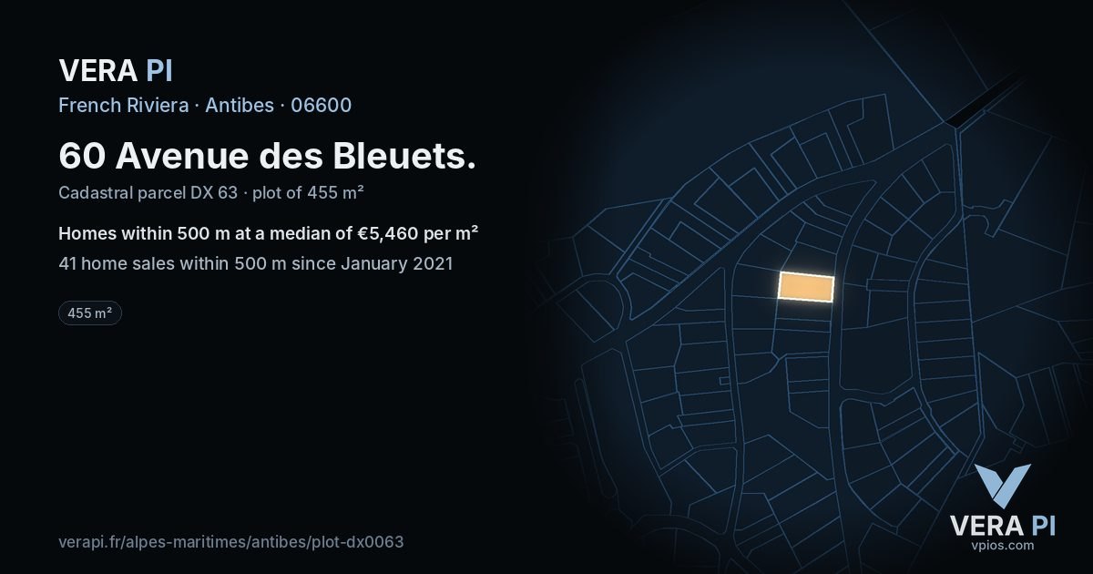 60 Avenue des Bleuets, Antibes at night – the plot lit, the parcels around coloured by the prices near them
