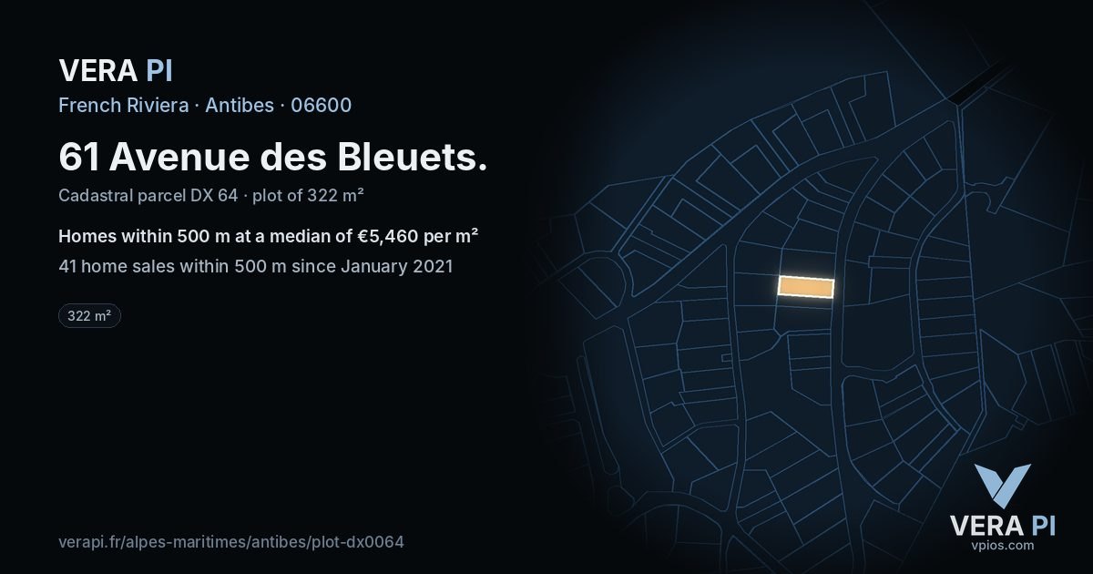 61 Avenue des Bleuets, Antibes at night – the plot lit, the parcels around coloured by the prices near them