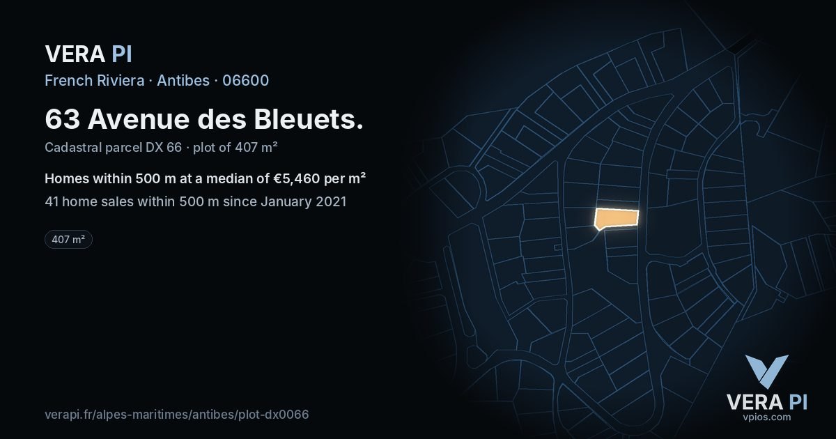 63 Avenue des Bleuets, Antibes at night – the plot lit, the parcels around coloured by the prices near them