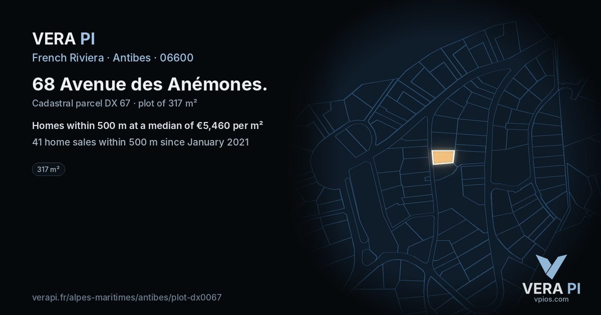 68 Avenue des Anémones, Antibes at night – the plot lit, the parcels around coloured by the prices near them