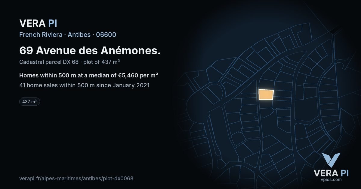 69 Avenue des Anémones, Antibes at night – the plot lit, the parcels around coloured by the prices near them