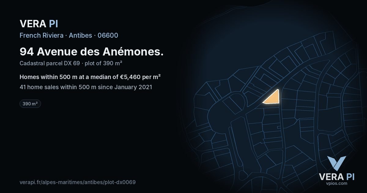 94 Avenue des Anémones, Antibes at night – the plot lit, the parcels around coloured by the prices near them