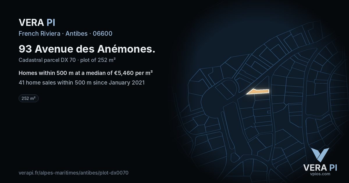 93 Avenue des Anémones, Antibes at night – the plot lit, the parcels around coloured by the prices near them