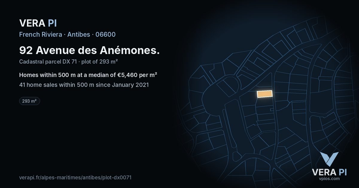 92 Avenue des Anémones, Antibes at night – the plot lit, the parcels around coloured by the prices near them