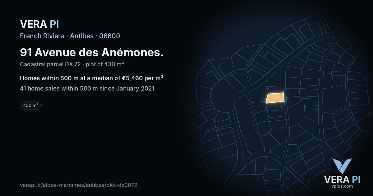 91 Avenue des Anémones, Antibes at night – the plot lit, the parcels around coloured by the prices near them