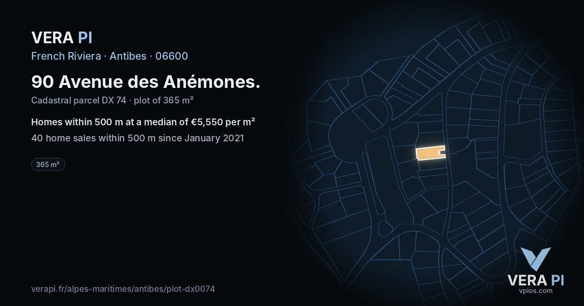 90 Avenue des Anémones, Antibes at night – the plot lit, the parcels around coloured by the prices near them