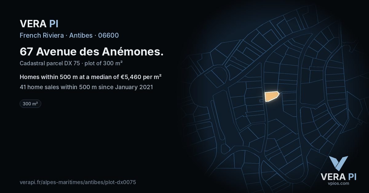 67 Avenue des Anémones, Antibes at night – the plot lit, the parcels around coloured by the prices near them