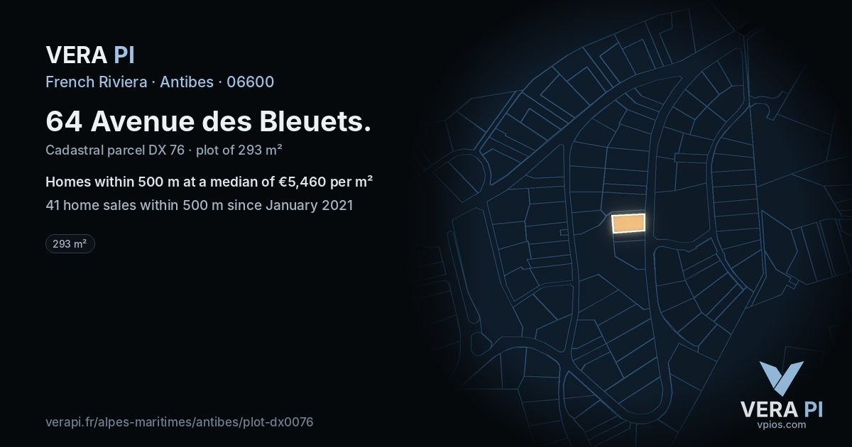 64 Avenue des Bleuets, Antibes at night – the plot lit, the parcels around coloured by the prices near them