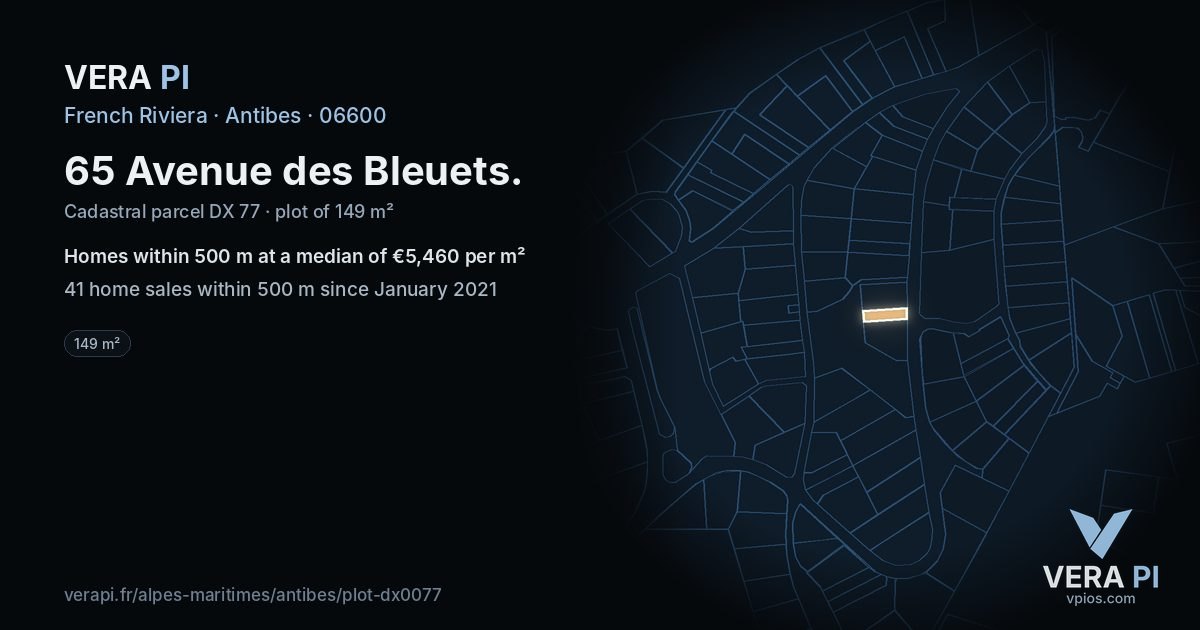 65 Avenue des Bleuets, Antibes at night – the plot lit, the parcels around coloured by the prices near them