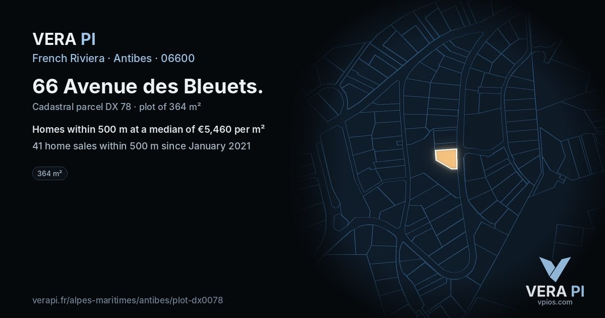 66 Avenue des Bleuets, Antibes at night – the plot lit, the parcels around coloured by the prices near them