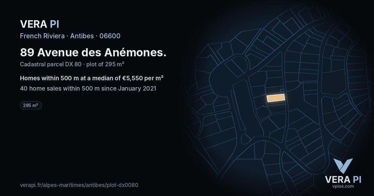89 Avenue des Anémones, Antibes at night – the plot lit, the parcels around coloured by the prices near them