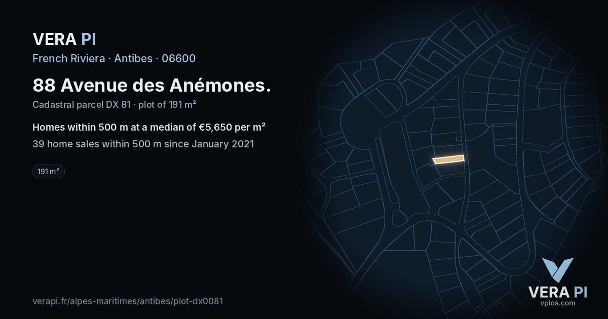 88 Avenue des Anémones, Antibes at night – the plot lit, the parcels around coloured by the prices near them