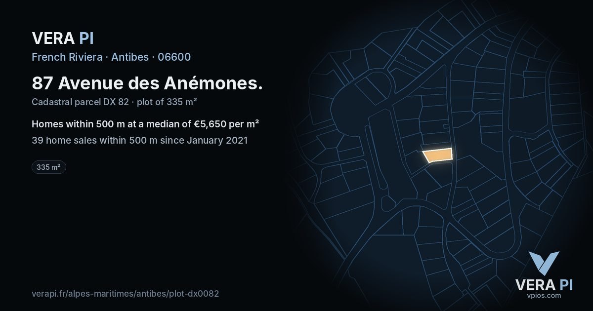 87 Avenue des Anémones, Antibes at night – the plot lit, the parcels around coloured by the prices near them