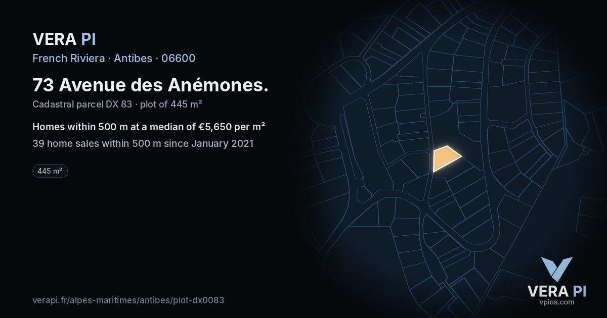 73 Avenue des Anémones, Antibes at night – the plot lit, the parcels around coloured by the prices near them