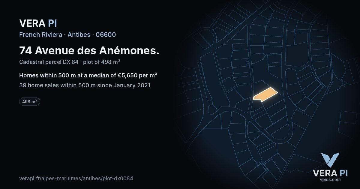74 Avenue des Anémones, Antibes at night – the plot lit, the parcels around coloured by the prices near them