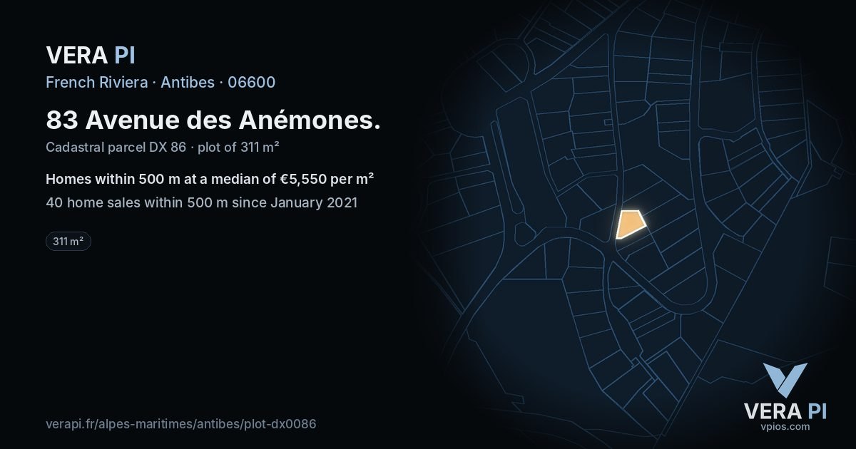 83 Avenue des Anémones, Antibes at night – the plot lit, the parcels around coloured by the prices near them
