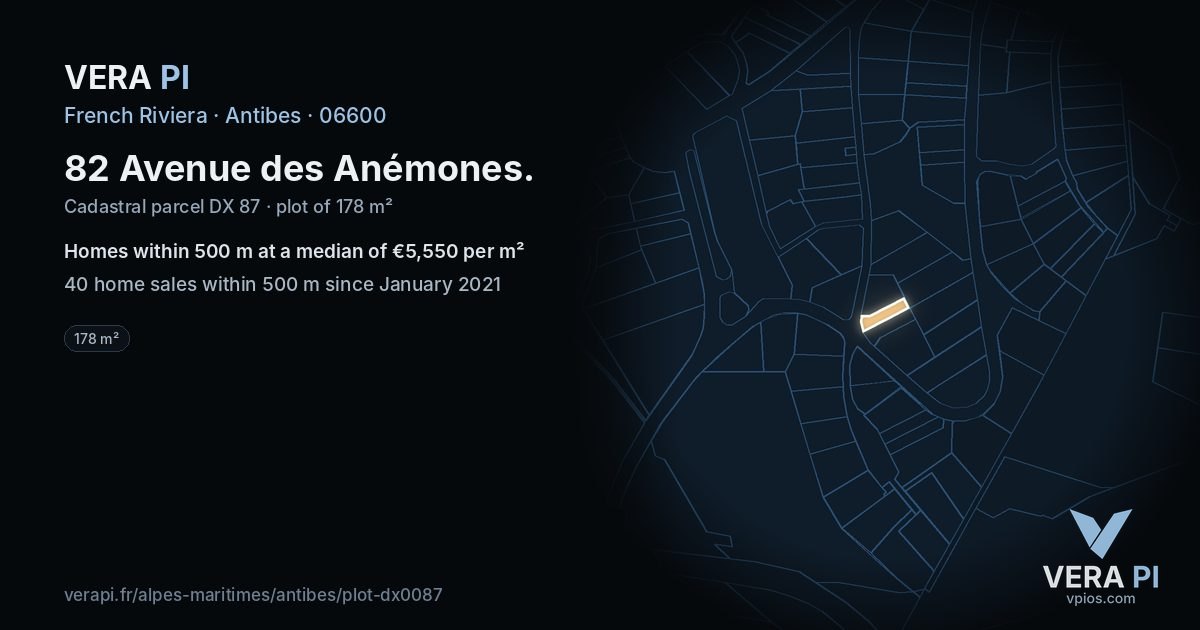 82 Avenue des Anémones, Antibes at night – the plot lit, the parcels around coloured by the prices near them