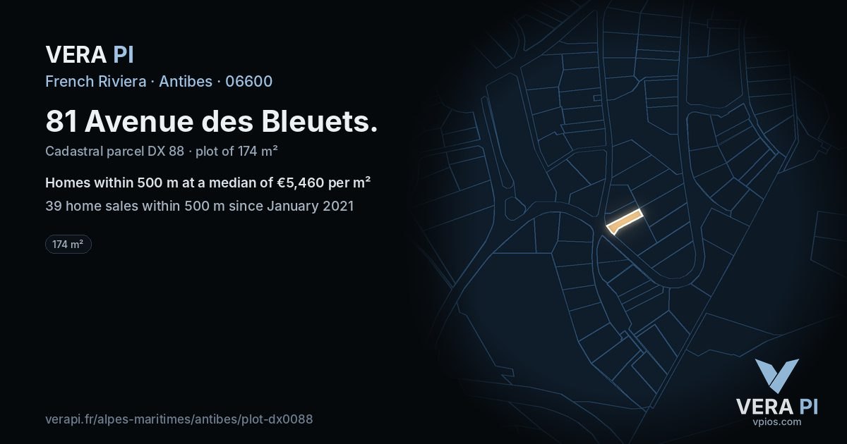 81 Avenue des Bleuets, Antibes at night – the plot lit, the parcels around coloured by the prices near them