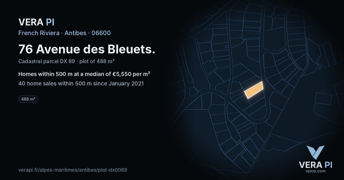76 Avenue des Bleuets, Antibes at night – the plot lit, the parcels around coloured by the prices near them