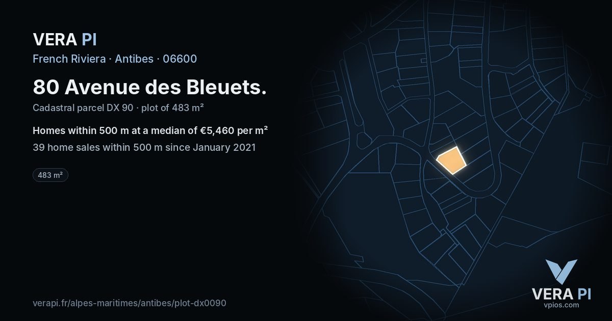80 Avenue des Bleuets, Antibes at night – the plot lit, the parcels around coloured by the prices near them