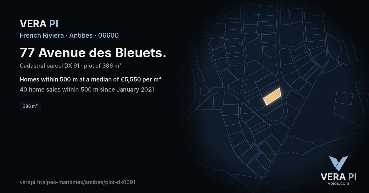 77 Avenue des Bleuets, Antibes at night – the plot lit, the parcels around coloured by the prices near them