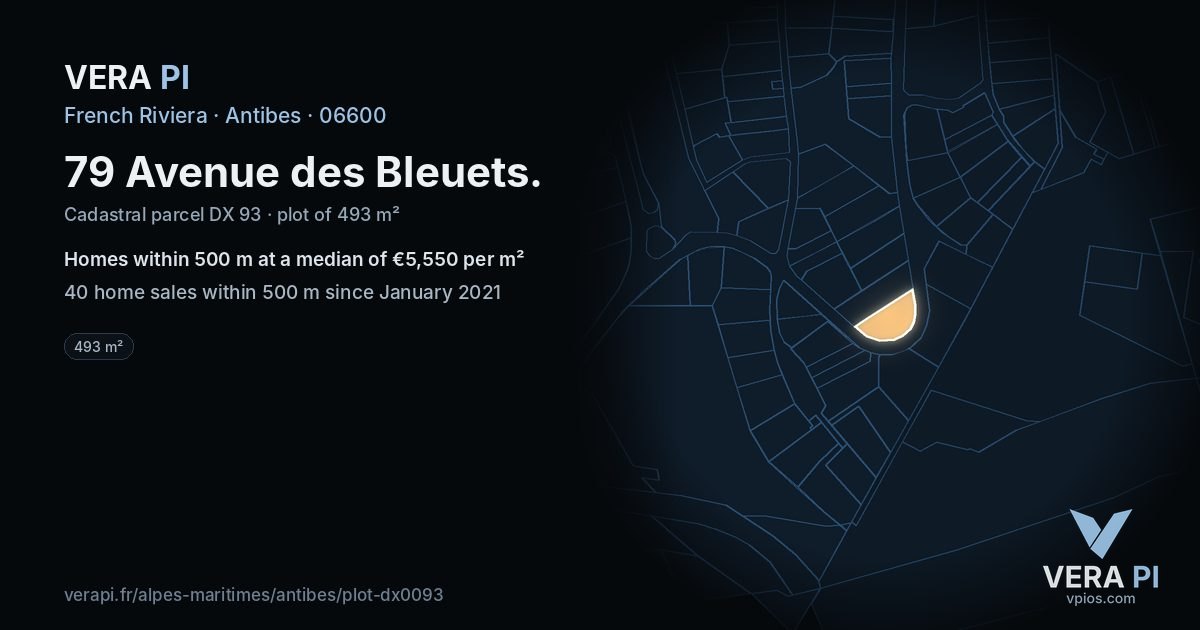 79 Avenue des Bleuets, Antibes at night – the plot lit, the parcels around coloured by the prices near them