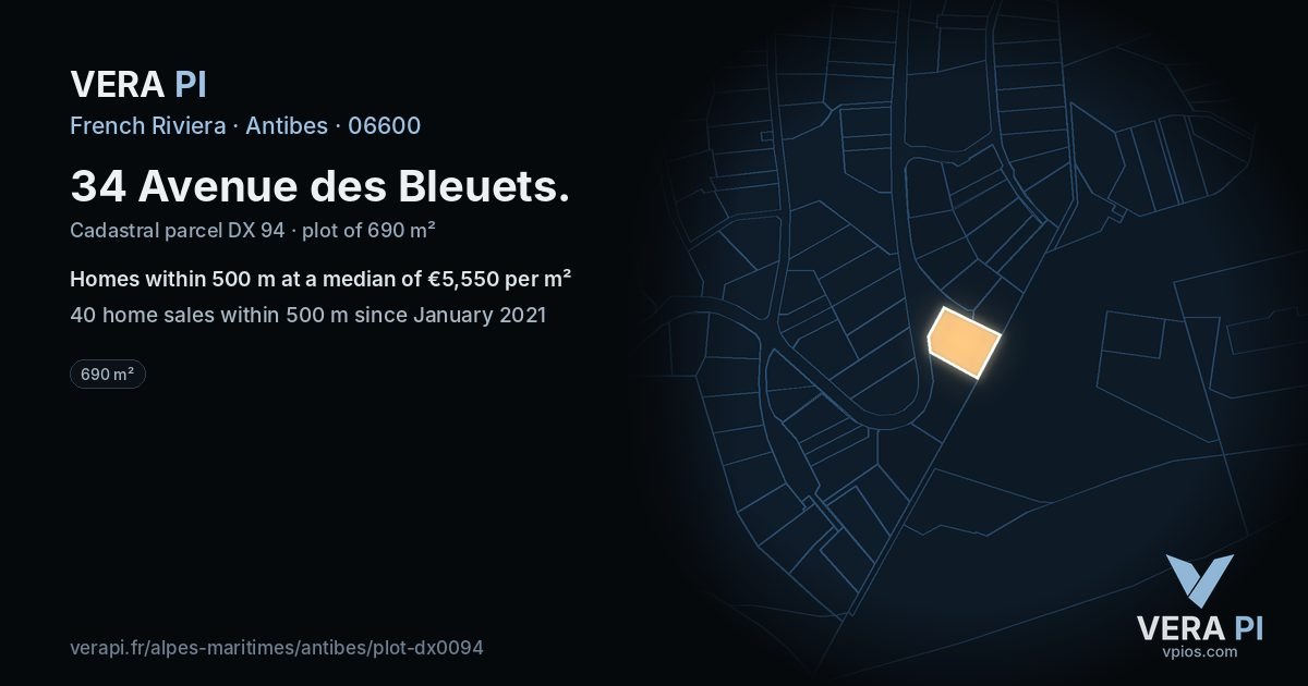 34 Avenue des Bleuets, Antibes at night – the plot lit, the parcels around coloured by the prices near them