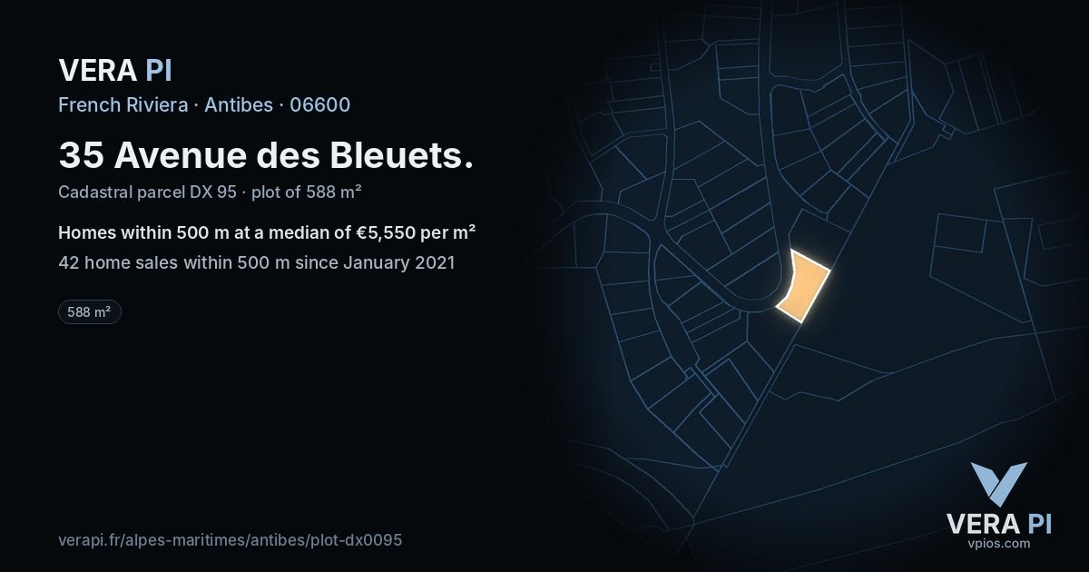 35 Avenue des Bleuets, Antibes at night – the plot lit, the parcels around coloured by the prices near them