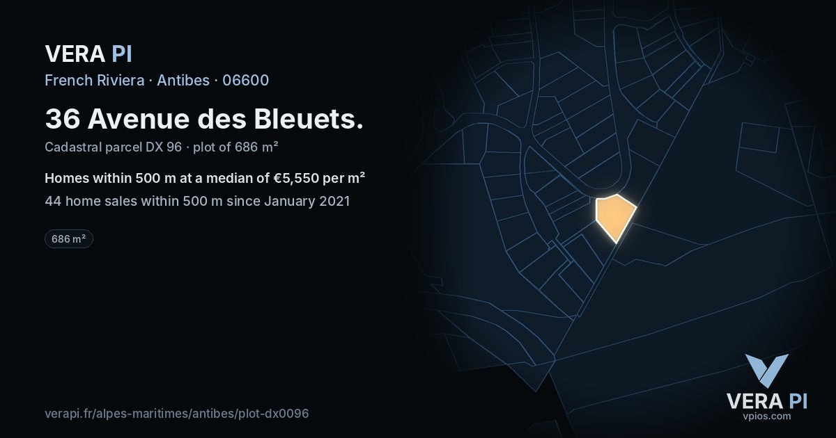 36 Avenue des Bleuets, Antibes at night – the plot lit, the parcels around coloured by the prices near them