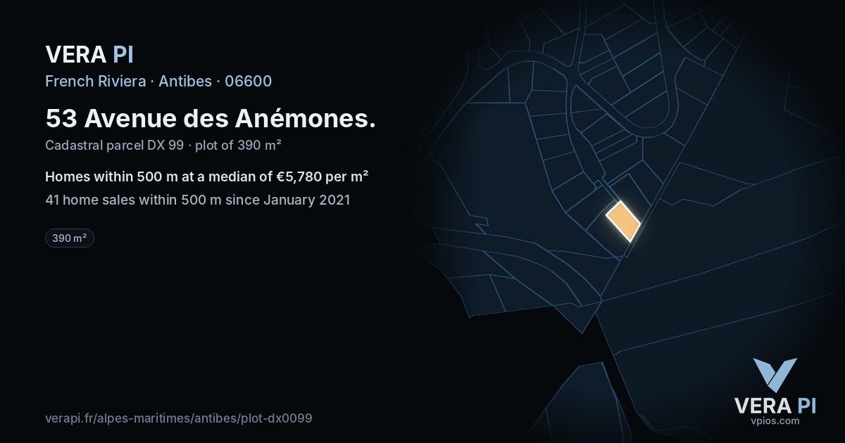 53 Avenue des Anémones, Antibes at night – the plot lit, the parcels around coloured by the prices near them