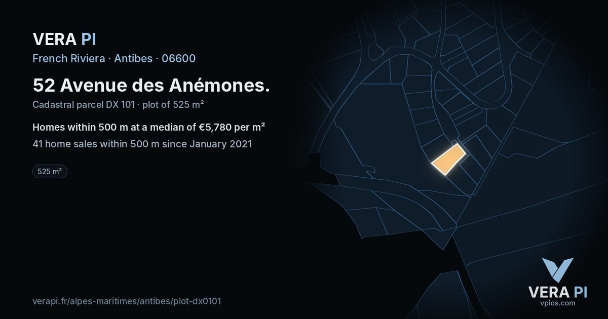 52 Avenue des Anémones, Antibes at night – the plot lit, the parcels around coloured by the prices near them