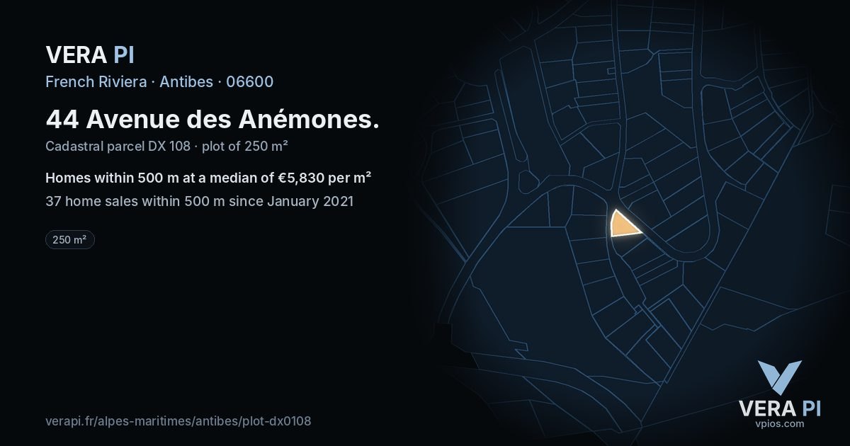44 Avenue des Anémones, Antibes at night – the plot lit, the parcels around coloured by the prices near them