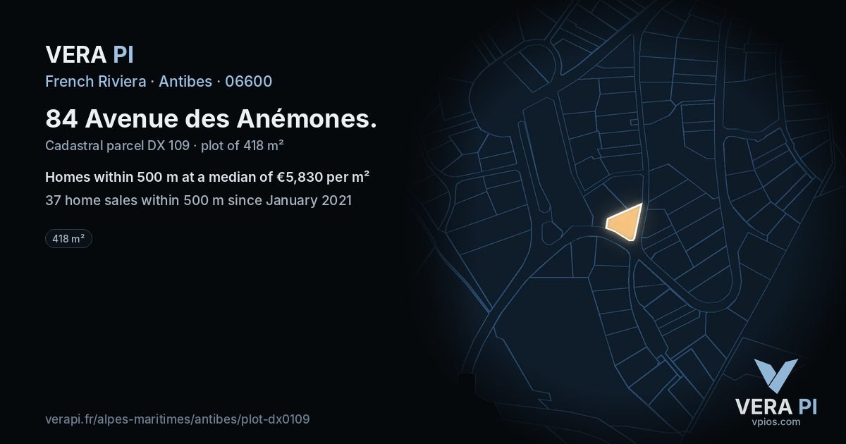 84 Avenue des Anémones, Antibes at night – the plot lit, the parcels around coloured by the prices near them