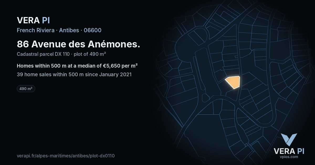 86 Avenue des Anémones, Antibes at night – the plot lit, the parcels around coloured by the prices near them