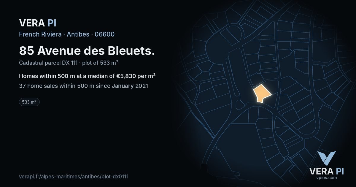 85 Avenue des Bleuets, Antibes at night – the plot lit, the parcels around coloured by the prices near them