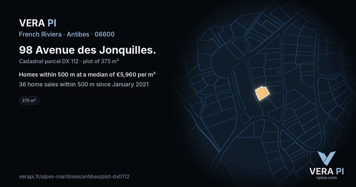 98 Avenue des Jonquilles, Antibes at night – the plot lit, the parcels around coloured by the prices near them