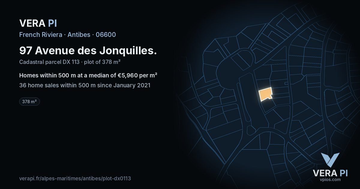 97 Avenue des Jonquilles, Antibes at night – the plot lit, the parcels around coloured by the prices near them