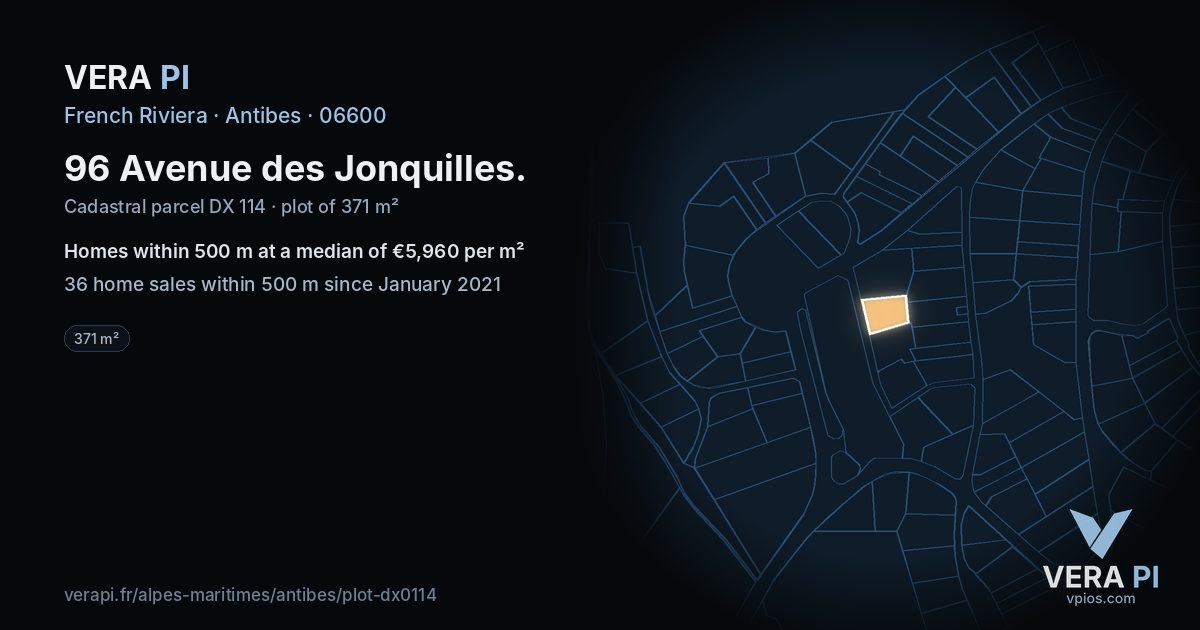 96 Avenue des Jonquilles, Antibes at night – the plot lit, the parcels around coloured by the prices near them