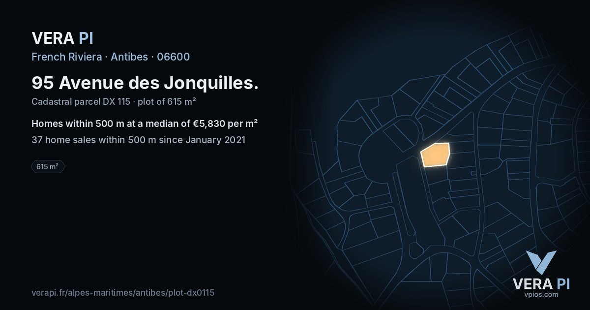 95 Avenue des Jonquilles, Antibes at night – the plot lit, the parcels around coloured by the prices near them