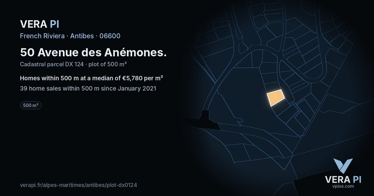 50 Avenue des Anémones, Antibes at night – the plot lit, the parcels around coloured by the prices near them